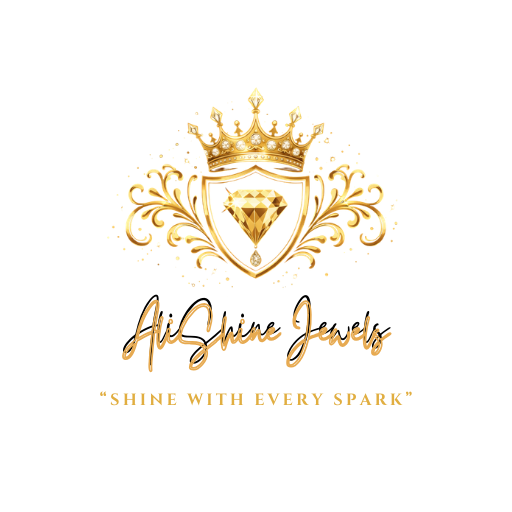 Royal gold crown above a shield with a sparkling diamond, surrounded by decorative golden flourishes on a dark black background. With Brand name AliShine Jewels and at the bottom a tagline written Shine With Every Spark. The background is transparent.