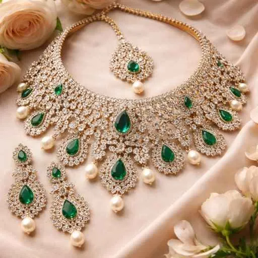 Statement bridal choker with earrings and maang tika.