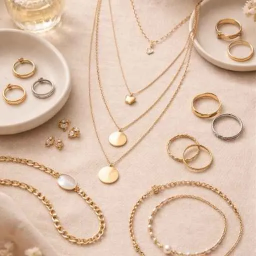 Minimalistic neck pieces, rings, and bracelets.